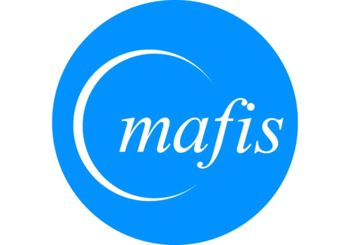 Ehemaliges Mafis Logo. Blau ausgefüllter Kreis, innerhalb links ist ein dünner weißem Halbkreis, mit Überschneidung der kursiven weißen Aufschrift "mafis" 