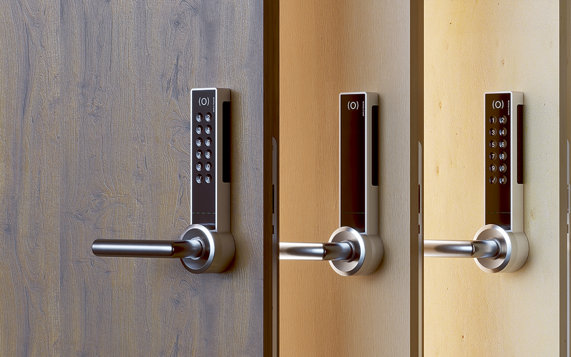 3 Produktbilder Safe-O-Tronic DS, Seitenansicht, befestigt an Türen, mit und ohne PIN-Pad 